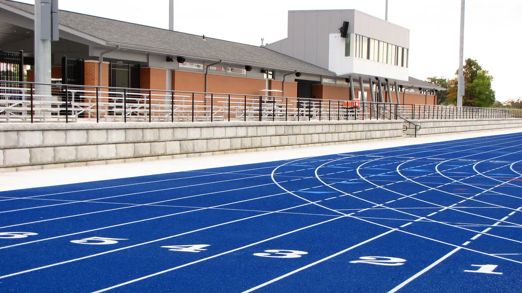 A blue, rubberized surface track build by 39 Seven.