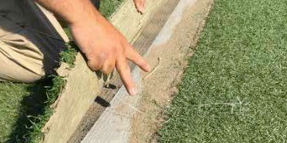 A maintenance technician demonstrating a major repair requirement of artificial turf.