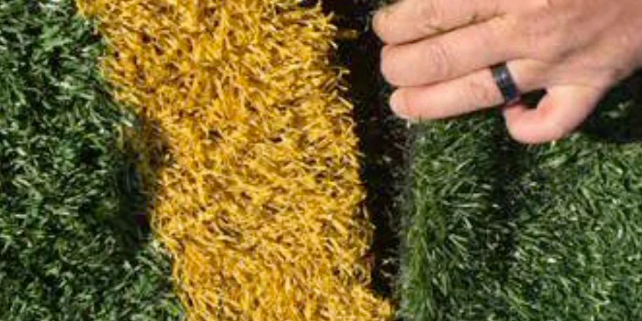 A maintenance technician showing artificial turf that requires a minor repair.