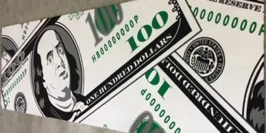 Custom printed turf with images of American one-hundred dollar bills.