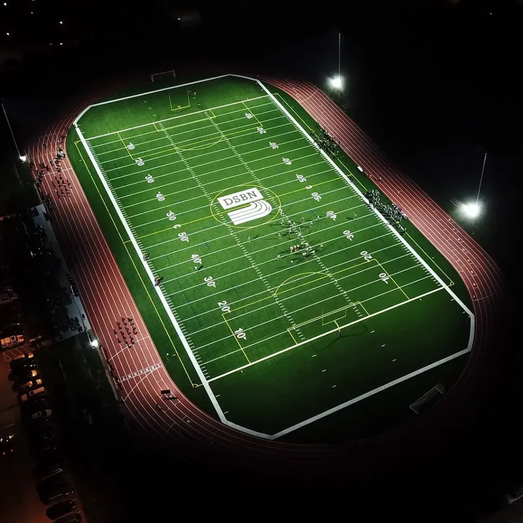An aerial view of a football field in Niagara region.